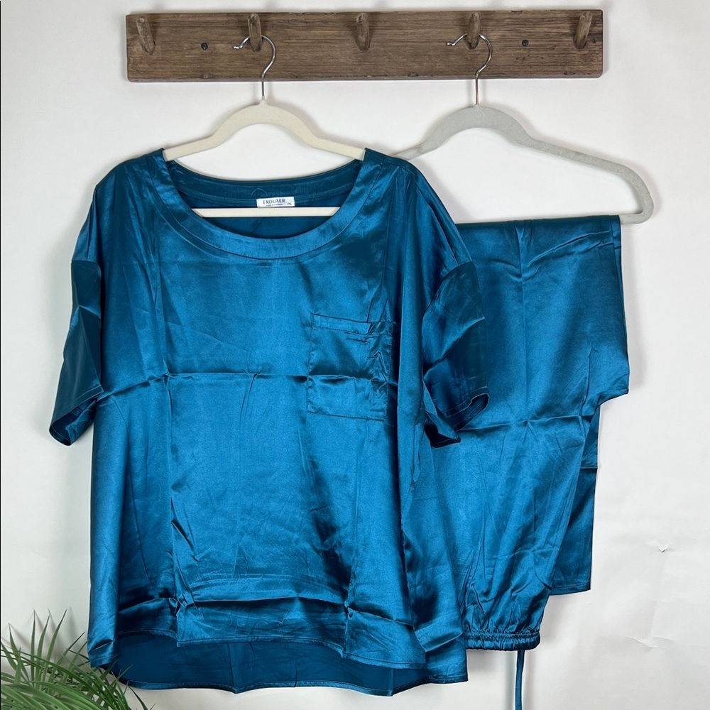 NWOT Ekouaer Women 2XL Satin Pajama Set Loungewear Teal Green - Picture 2 of 10